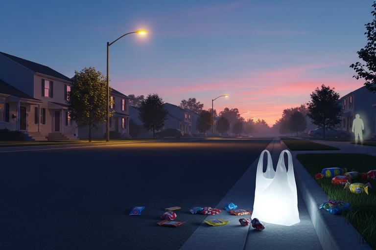 Empty suburban street at dawn, candy wrappers scattered