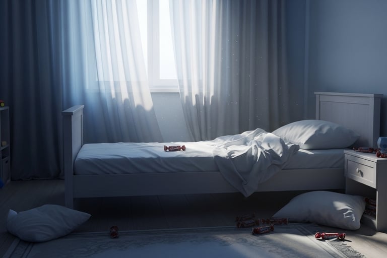 Child’s bedroom at dawn, candy wrappers scattered near an empty bed