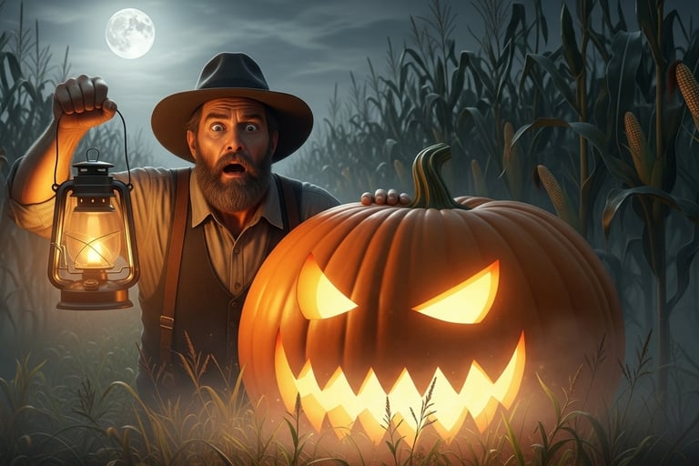 19th-century farmer discovering a large glowing pumpkin