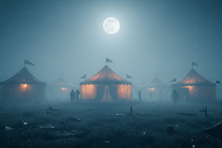 Misty field under full moon