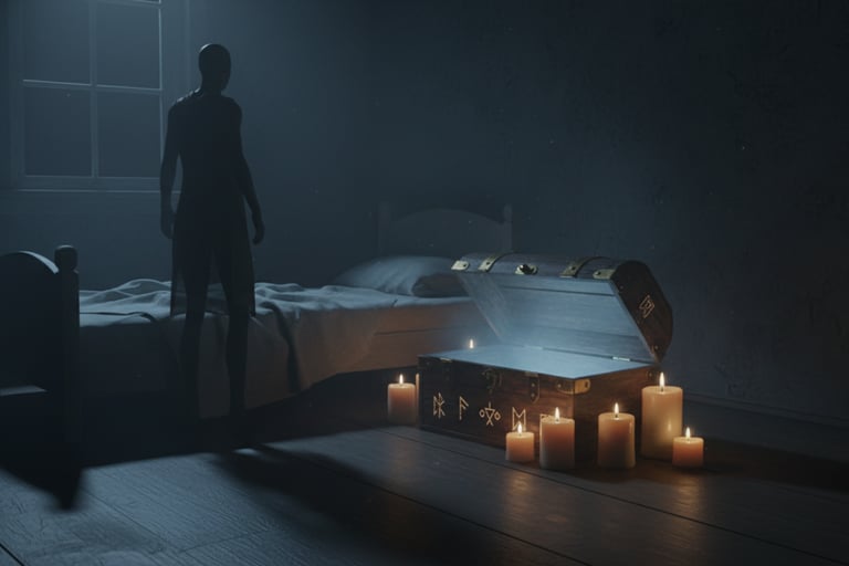 Bedroom at night with faint shadowy figure