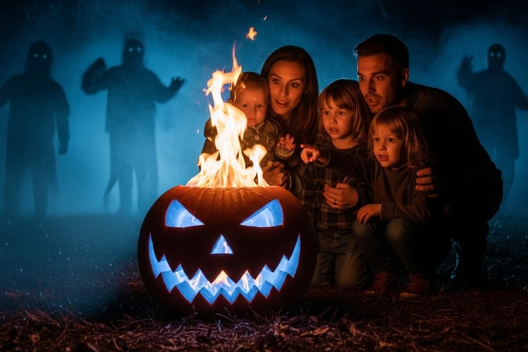 night scene of a jack-o’-lantern blazing with blue-orange fire