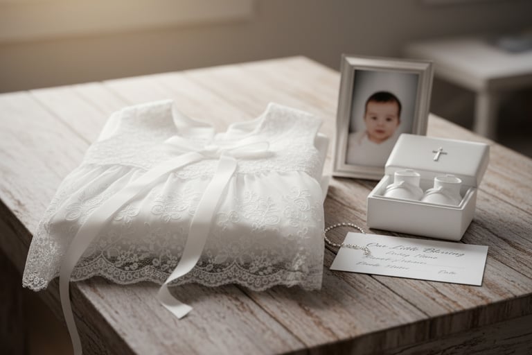 Close-up of a baby's baptism clothes and a small cross.