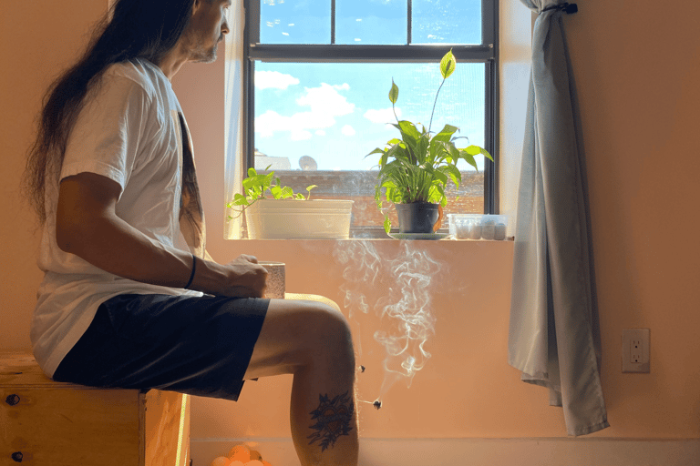 kim soo enjoys coffee while looking blue sky, while moxa smokes atop needles in both shin muscles