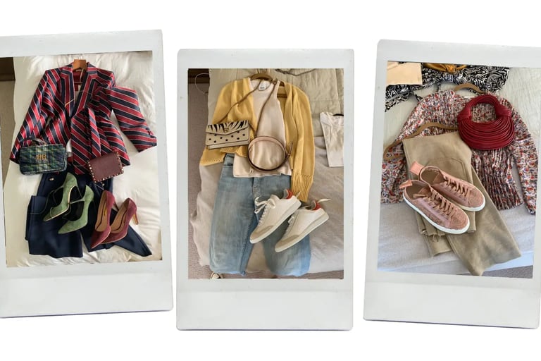dhm.style fashion spread showing striped blazer, handbags, and heels styled together.