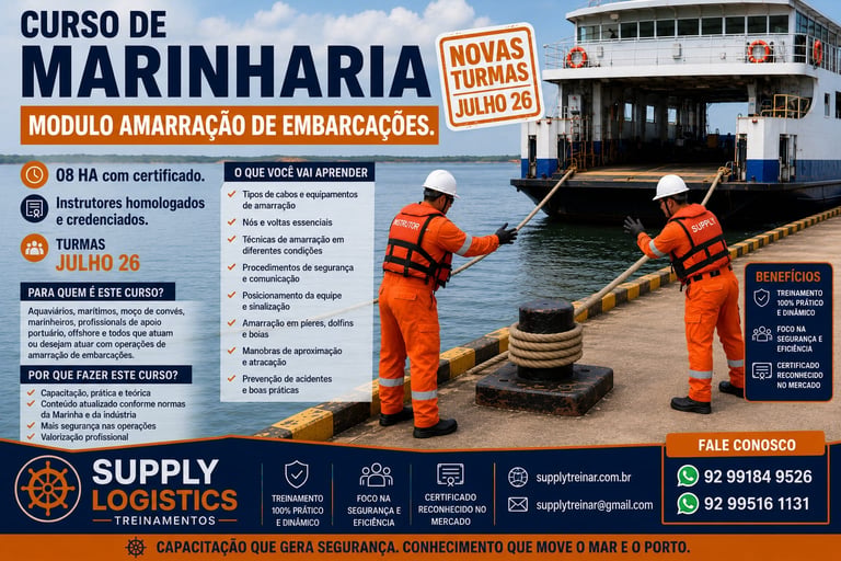 Seafarers in orange safety gear practice ship mooring techniques in a professional seamanship course.
