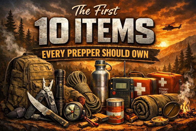 Prepper gear essentials including backpack, knife, flashlight, radio, rope, food, and survival tools in outdoor setting