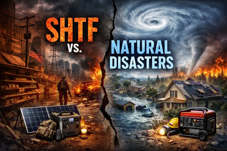 SHTF vs natural disasters comparison showing societal collapse, hurricane flooding, wildfire, and emergency generators.