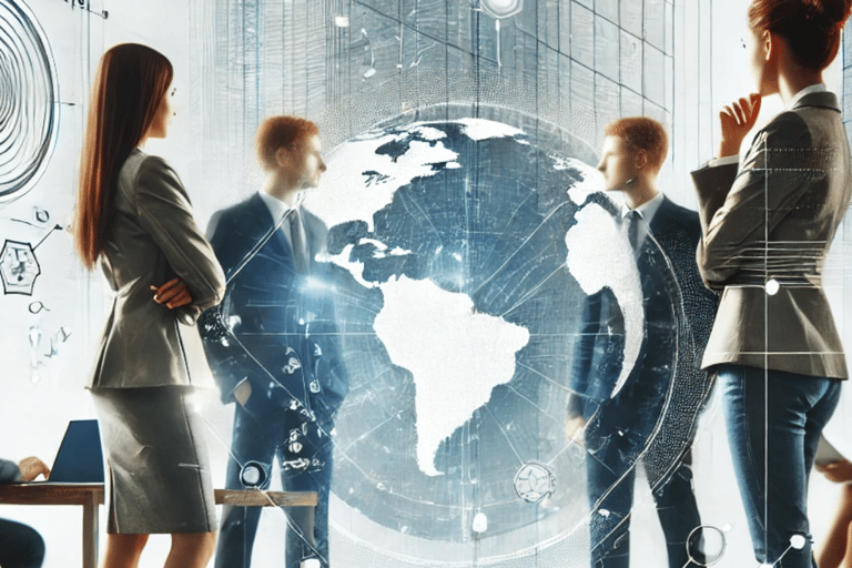 a group of business people standing around a globe