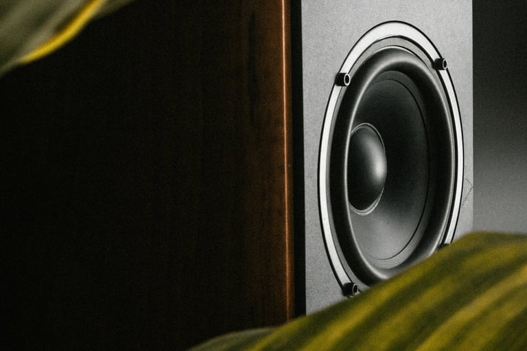 Premium wooden speaker with blurred leaves