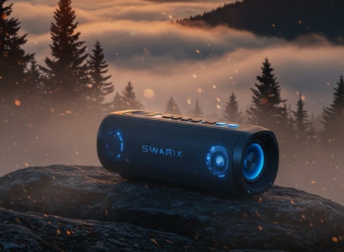 Swarix party speaker on rocks with scenic, vibrant vibe