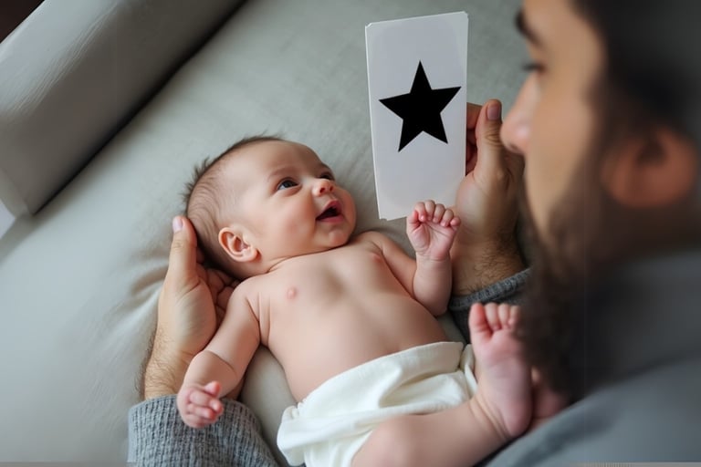 Pai segurando cartão de alto contraste preto e branco com forma de estrela diante de bebê deitado