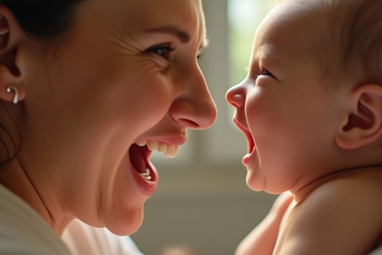 Adulto fazendo expressão facial exagerada de alegria diante do rosto de um bebê, promovendo estímulo