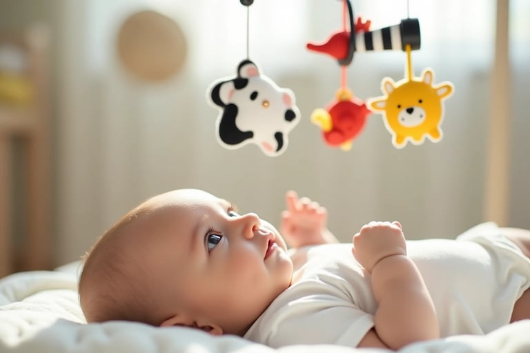 Bebê de 2 a 3 meses observando móbile com formas e cores variadas