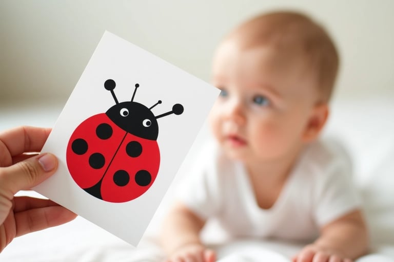 Bebê observando cartão de estímulo com joaninha em alto contraste