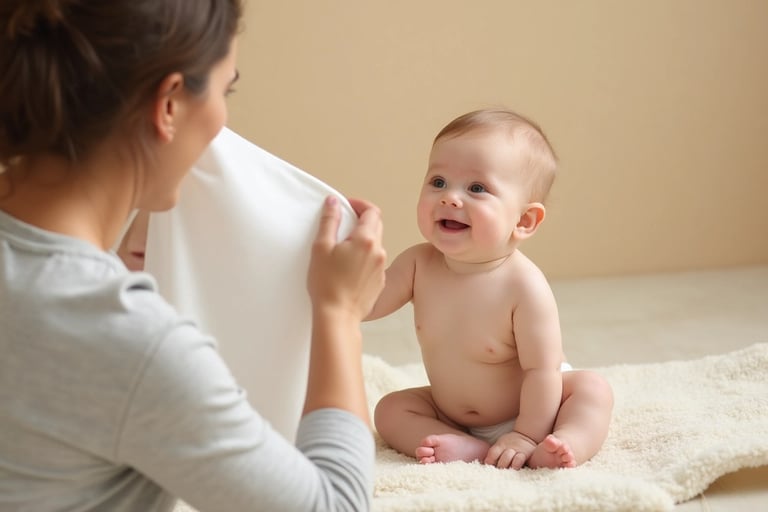 Bebê de 4 a 6 meses brincando de esconde-esconde com adulto e paninho branco