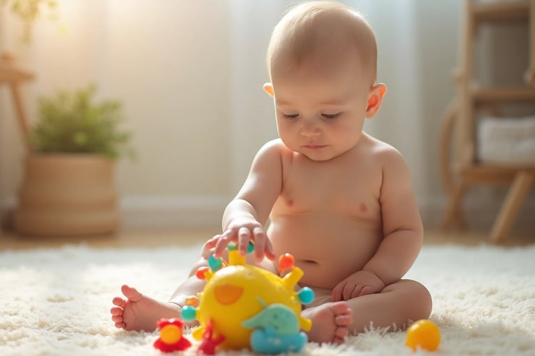 Bebê de 4 a 6 meses sentado com apoio, segurando brinquedo colorido com atenção