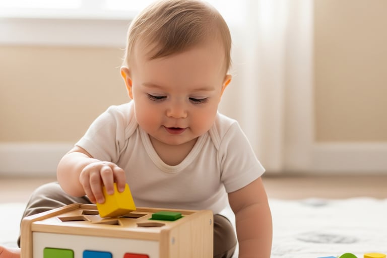 Bebê de cerca de 11 meses encaixando bloco amarelo em brinquedo de formas geométricas