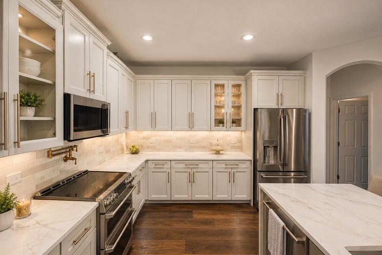 Modern white kitchen with marble countertops, stainless steel appliances, and dark wood floors.