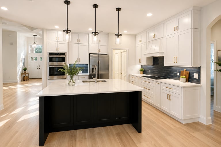 Modern white kitchen with black island, quartz countertops, and dark blue tile backsplash.