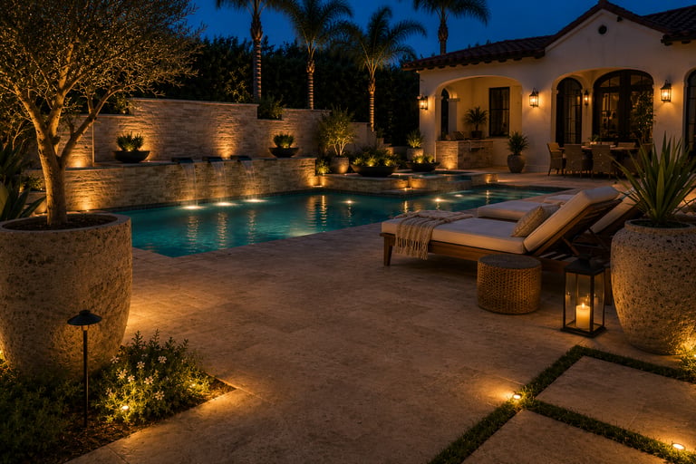 Serene twilight patio and pool scene