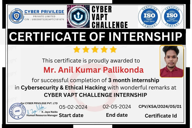 Mr. Anil Kumar Pallikonda Intern-Cyber Forensics Specialist from 05/02/2024 to: 02/05/2024 Succes