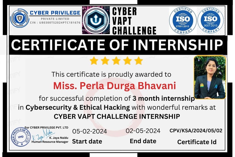 Miss Perla Durga Bhavani Intern-Cyber Forensics Specialist from 05/02/2024 to: 02/05/2024 Success