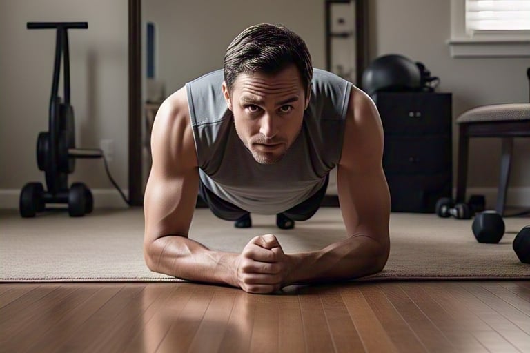 Pessoa fazendo prancha abdominal em casa.