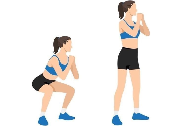 Pessoa fazendo agachamentos em casa, com postura correta e abdômen contraído