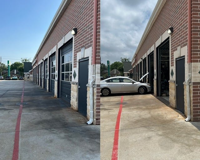 Before and After picture of heavy oil and automotive stains in parking lot have been removed