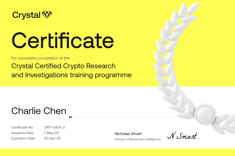 Charlie Chen's Crystal Certified Crypto Research and Investigations Training Programme Certificate