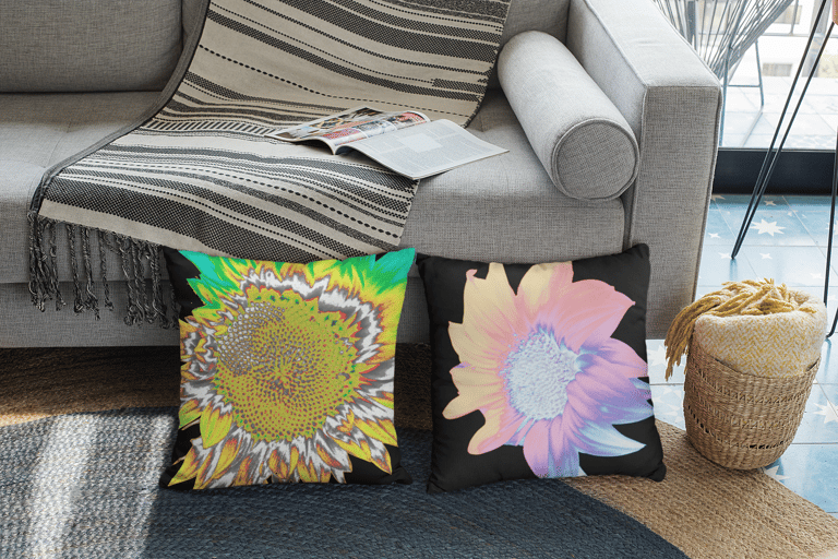 Digital image featuring two square throw pillows on the floor resting on a couch base