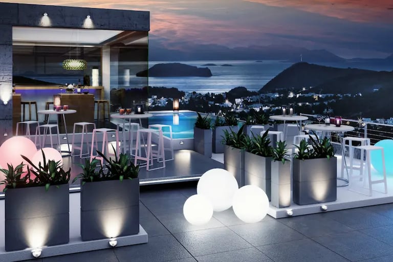 terraza frente al mar con jardineras moderna iluminadas