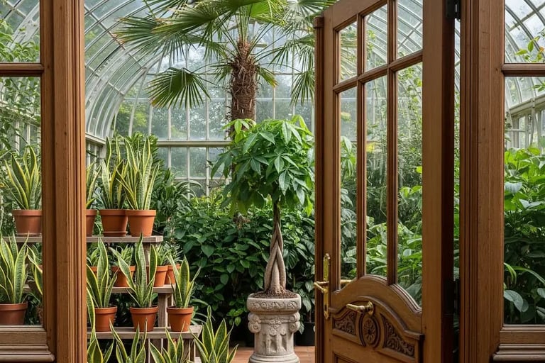entrada a invernadero clásico repleto de plantas de interior