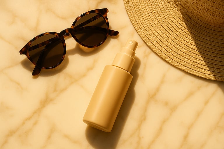 SPF bottle with sunglasses and sun hat on marble.