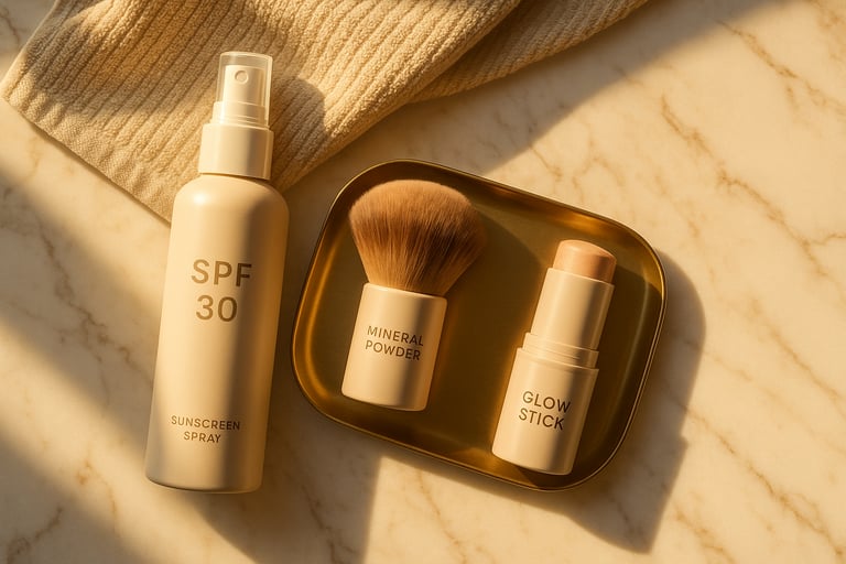 SPF spray, powder brush, and makeup glow stick on marble. with gold tray.