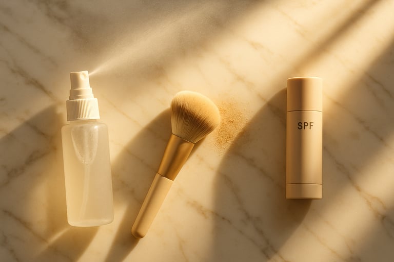 Mist spray, powder brush, and SPF stick in sunlight.