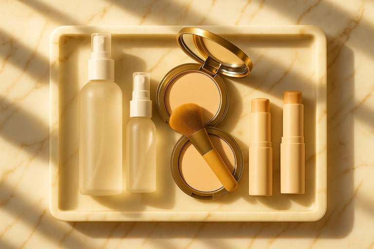 Assorted SPF sprays, powders, and sticks on marble tray.
