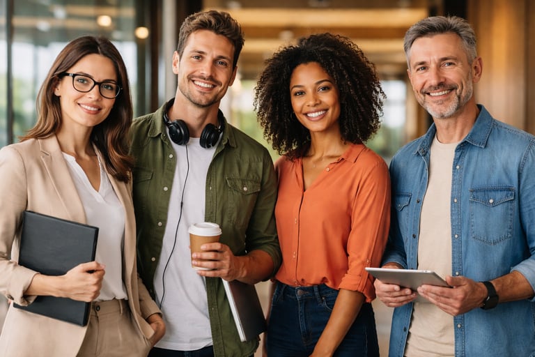 Diverse team of smiling business professionals standing together in a modern office hallway.