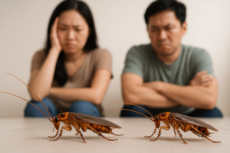 Family angry about a roach infestation calling Treat Pest Control Service to take care of the problem