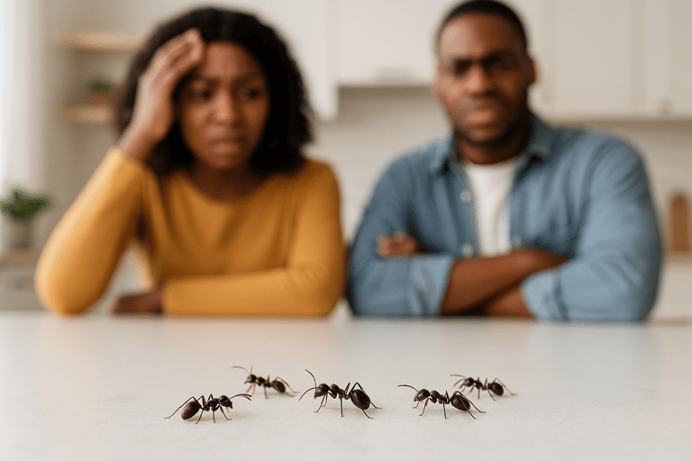 Husband wife looking distressed by the ants on their counter so they call Treat Pest Control Services