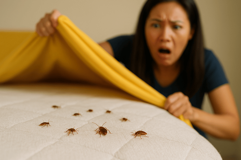 woman shocked to see bed bugs