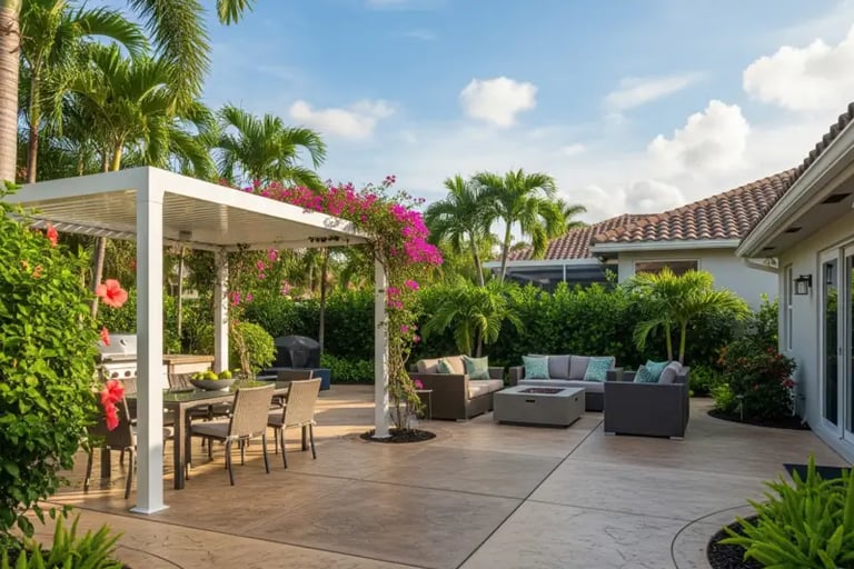 a nice concrete patio with outdoor chairs and tables