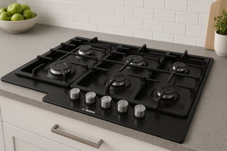 Bosch gas cooktop installed in a modern kitchen.