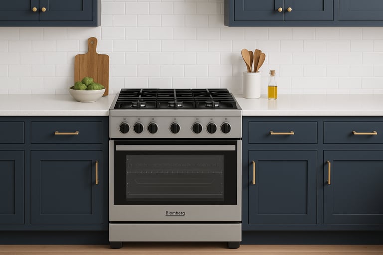Blomberg gas range in a modern kitchen with navy cabinets and white tile backsplash.