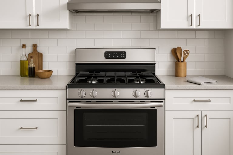 Stainless steel Admiral gas range installed in a modern kitchen with white cabinets
