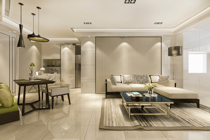 Projeto decorativo de uma sala com mobiliário e iluminação