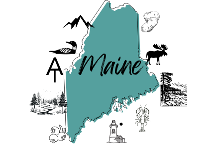 A rough map of Maine surrounding by its major attractions