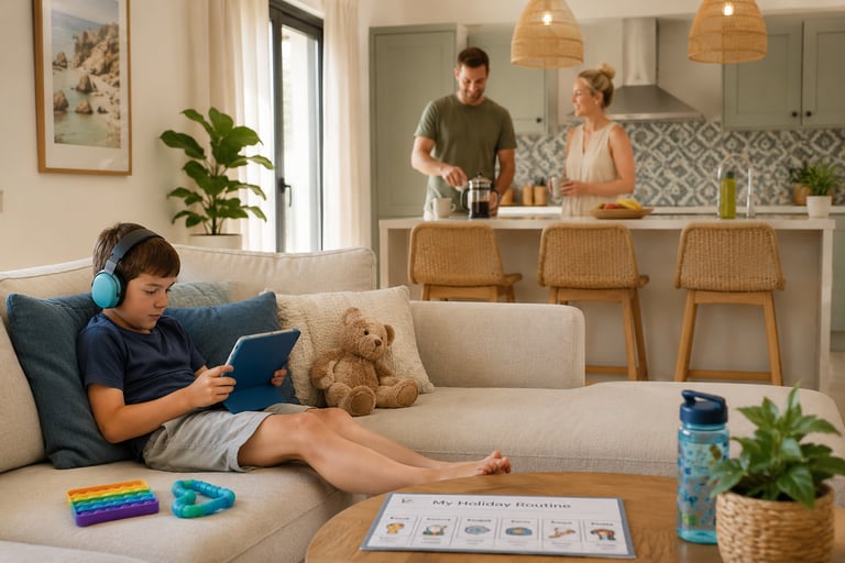 Child relaxing in a quiet private villa while parents prepare drinks during an autism-friendly famil