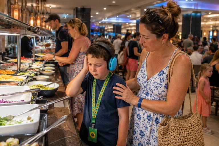 Child with ear defenders feeling overwhelmed in a busy hotel buffet as a parent offers reassurance